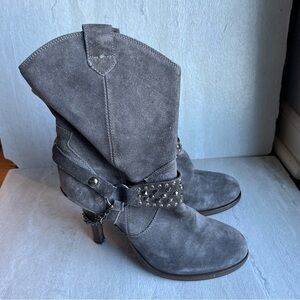 Barneys CoOp western gray leather booties chain pull on cowboy boots EU 36